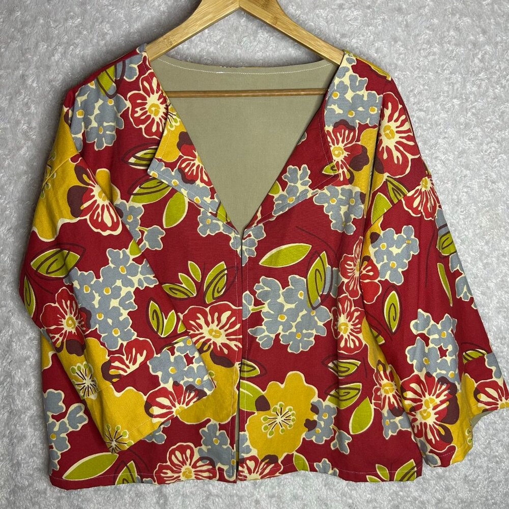 Handmade Floral Open Front Boxy Jacket Red Yellow Green Wide Sleeve Boho Top